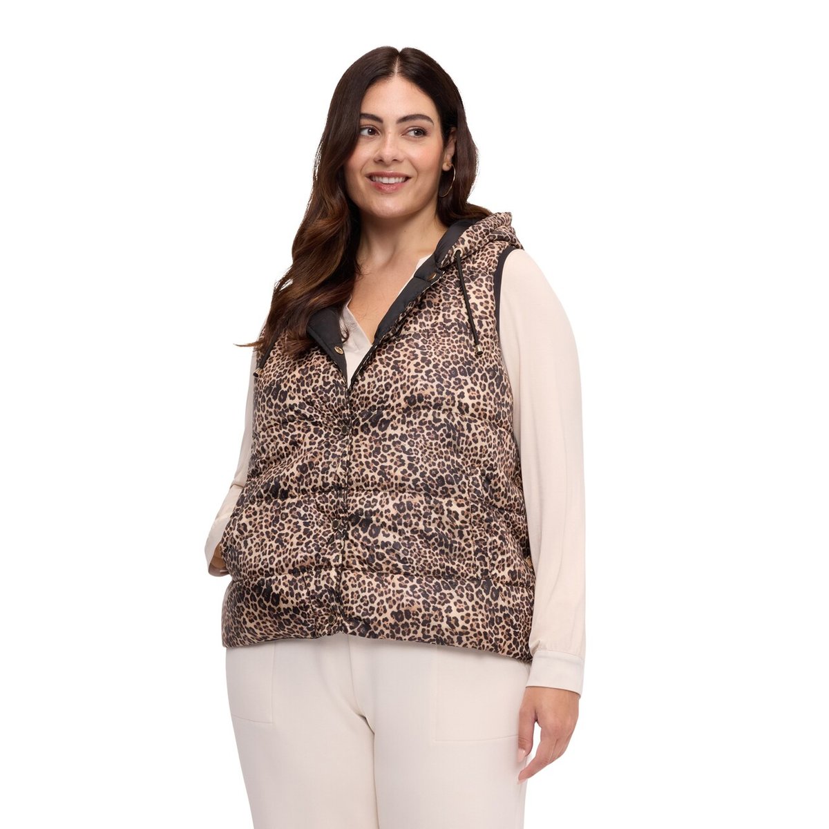 Veste matelassée réversible sans manches avec imprimé léopard beige, FIORELLA RUBINO