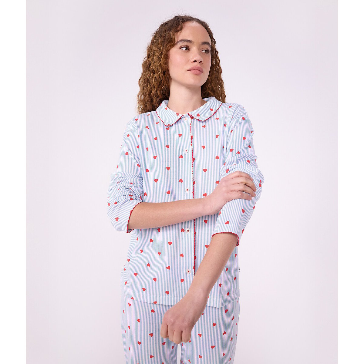 Pijama de 2 piezas, algodón, estampado de rayas y corazones rayas blanco azul, PETIT BATEAU
