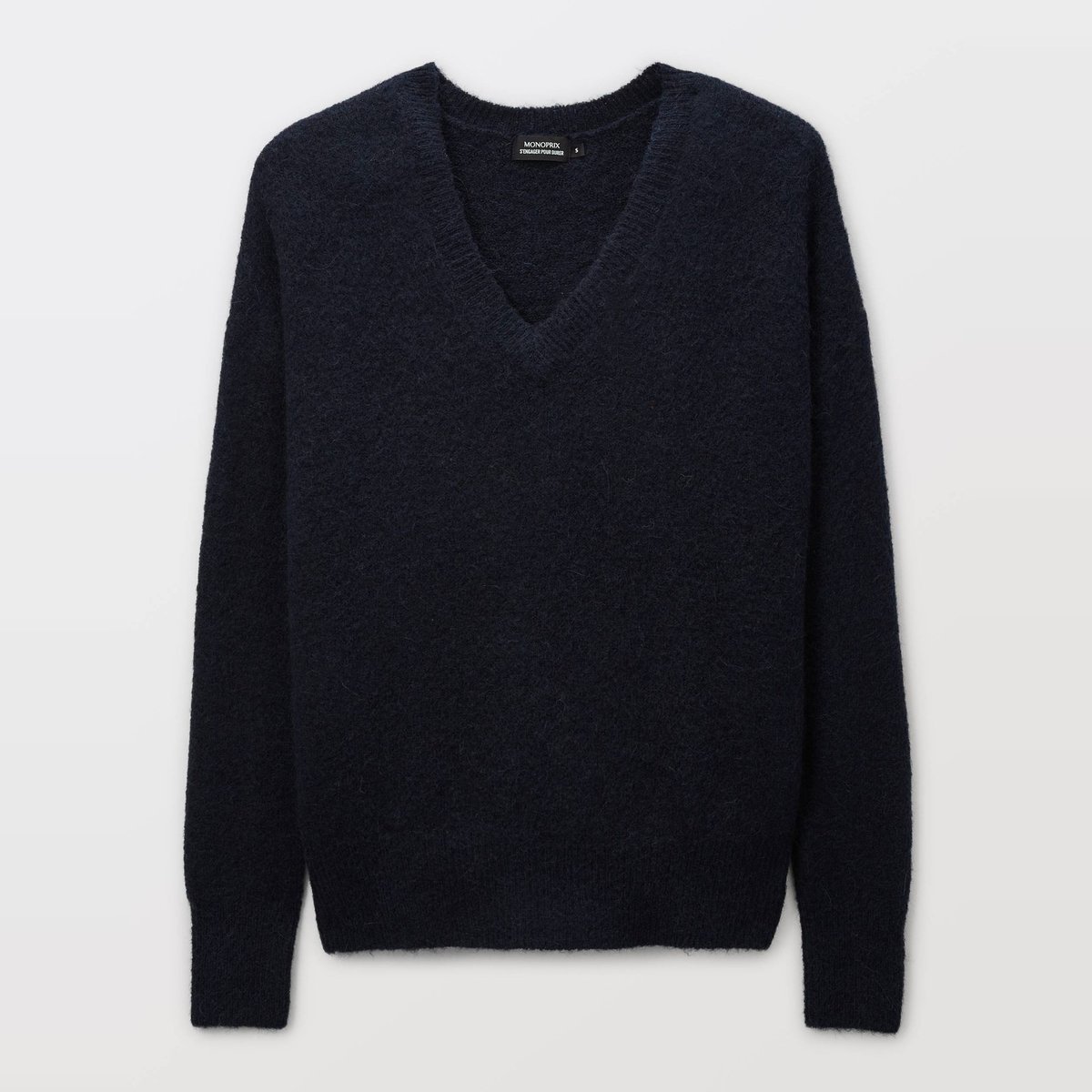 Pull col V uni contenant de l'alpaga marine, MONOPRIX