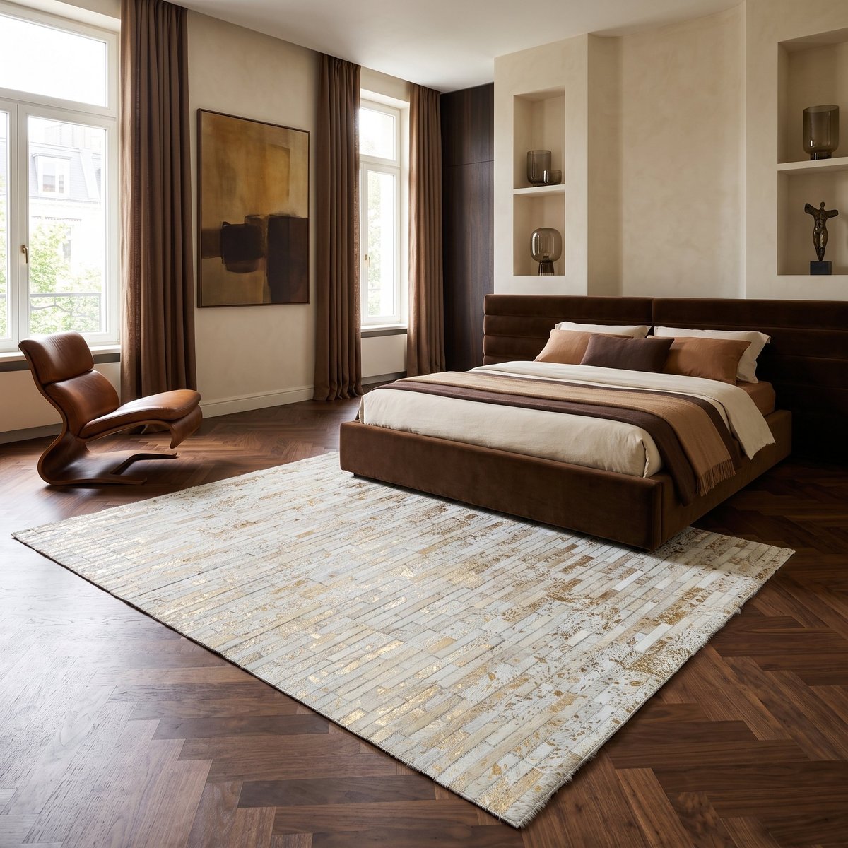 Tapis salon en cuir recyclé CUIR LINES or, THE DECO FACTORY