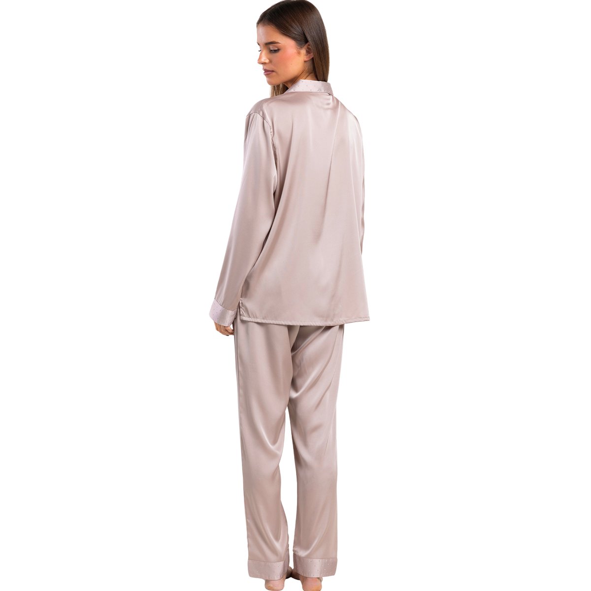 Pyjama pantalon chemise manches longues Crystal Satin taupe, ADMAS