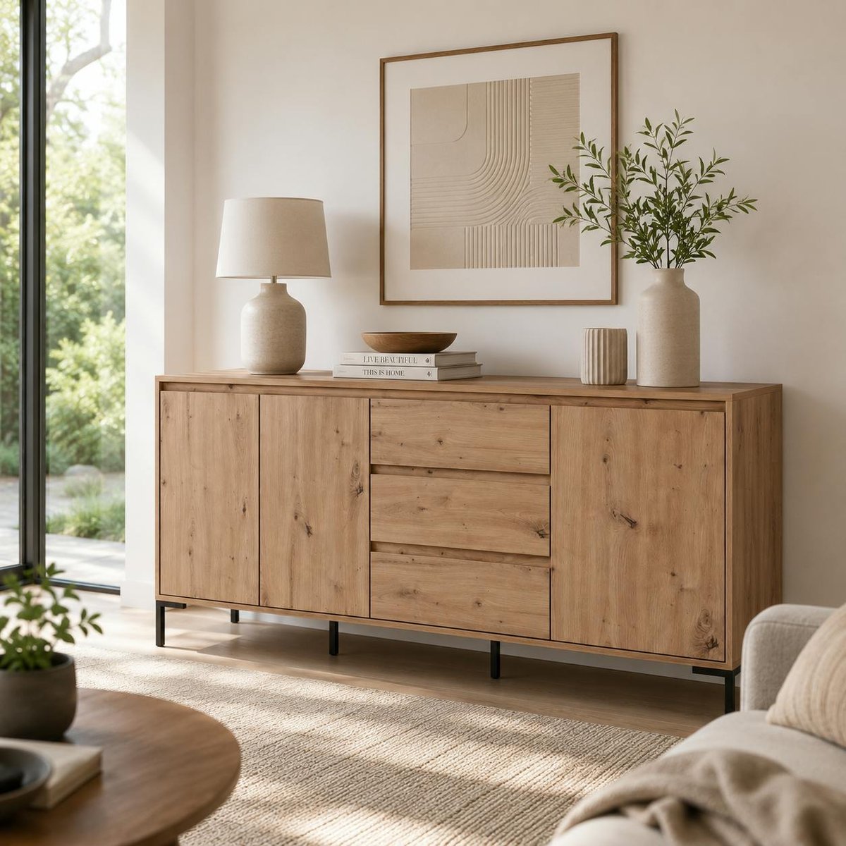 Buffet de salle à manger décor bois 3 portes 3 tiroirs KARVI bois naturel, PIER IMPORT