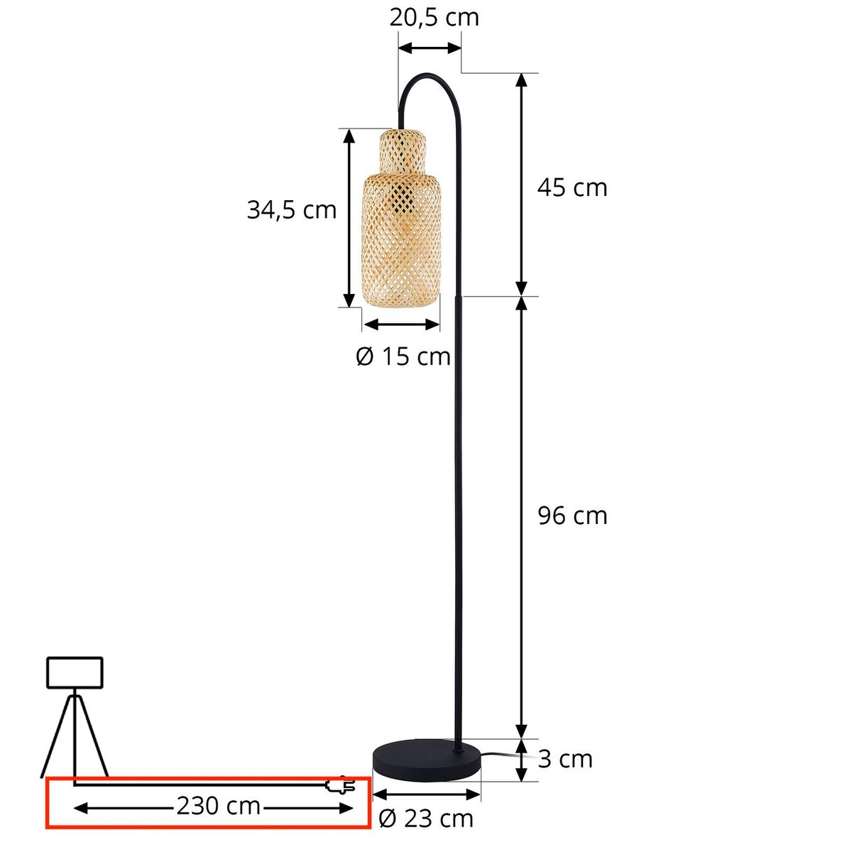Lampadaire en métal, Venora bois clair, noir, LINDBY
