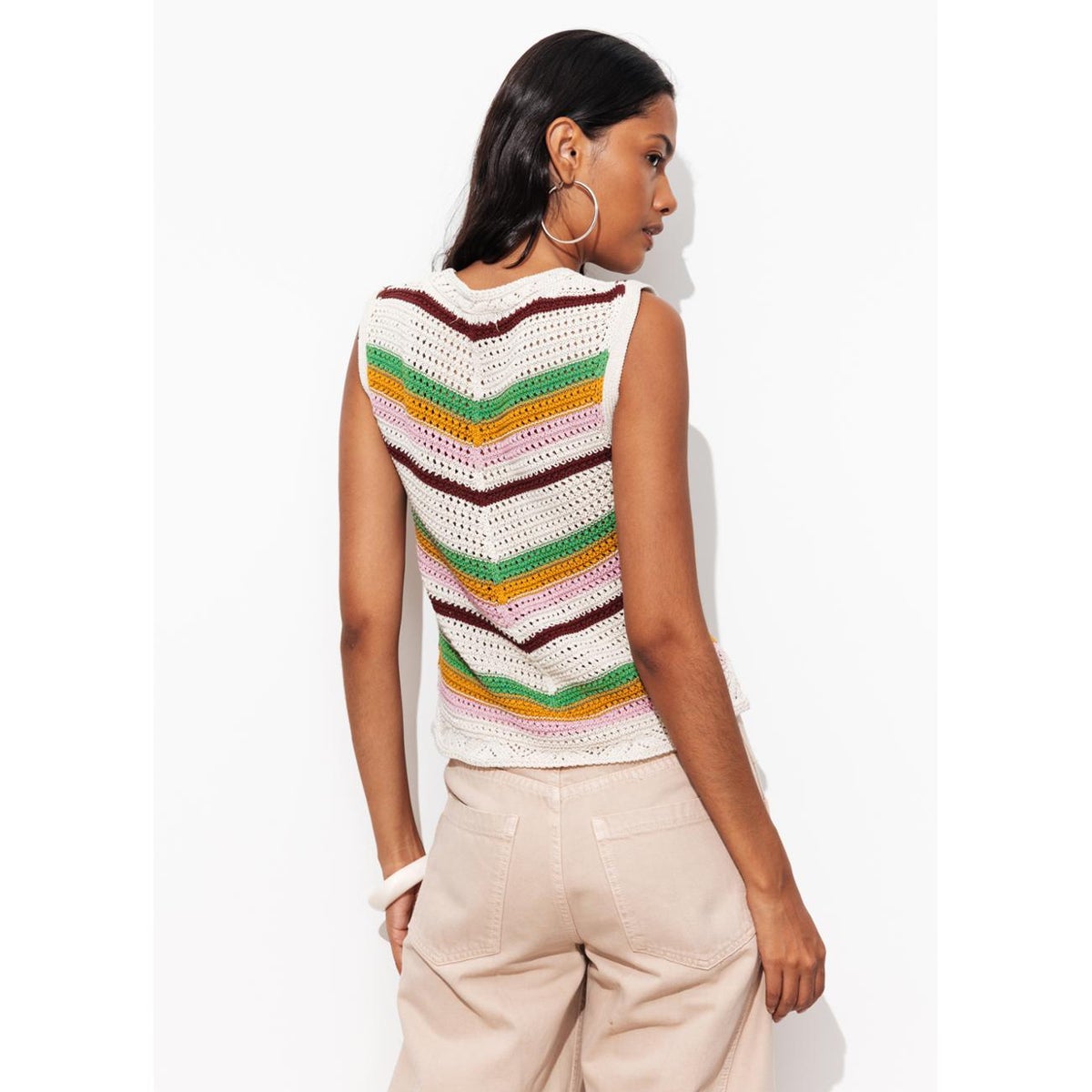 Pull sans manches en crochet rayé écru, PROMOD