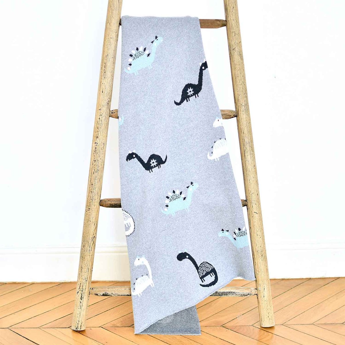 Couverture plaid en coton bio TRICOT gris, dino, SEVIRA KIDS