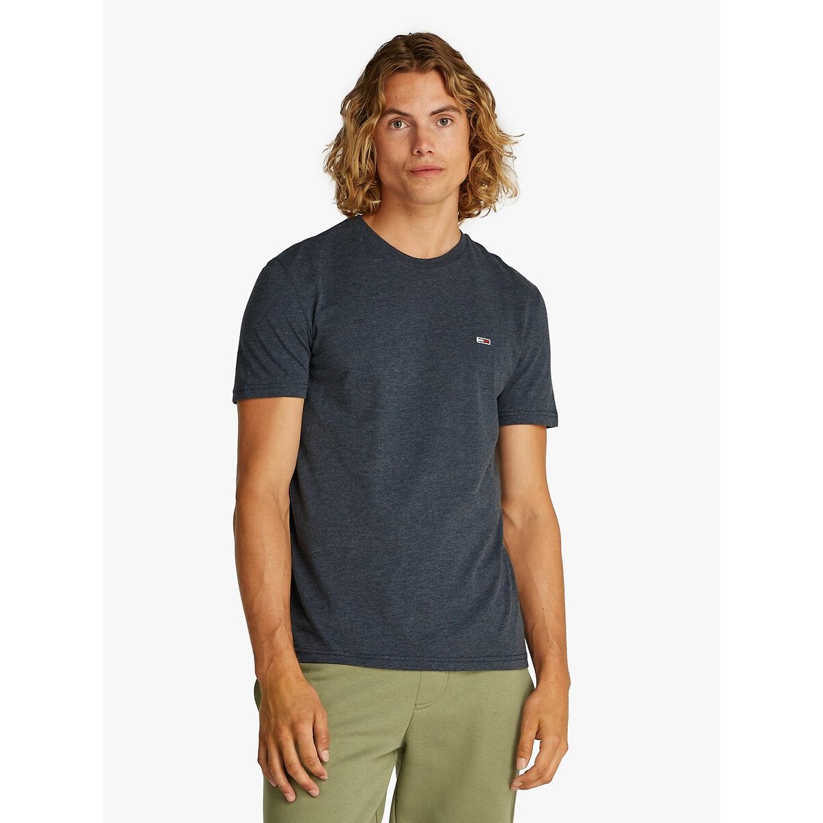 T-shirt de gola redonda slim jaspe azul escuro, TOMMY JEANS