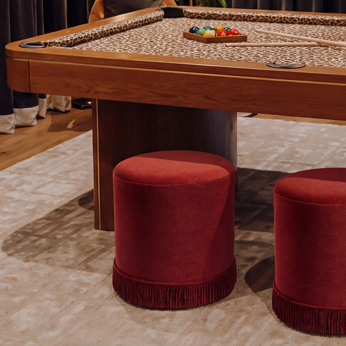 Senn Fringe Trim Velvet Upholstered Pouffe brick red, ÉDITÉ