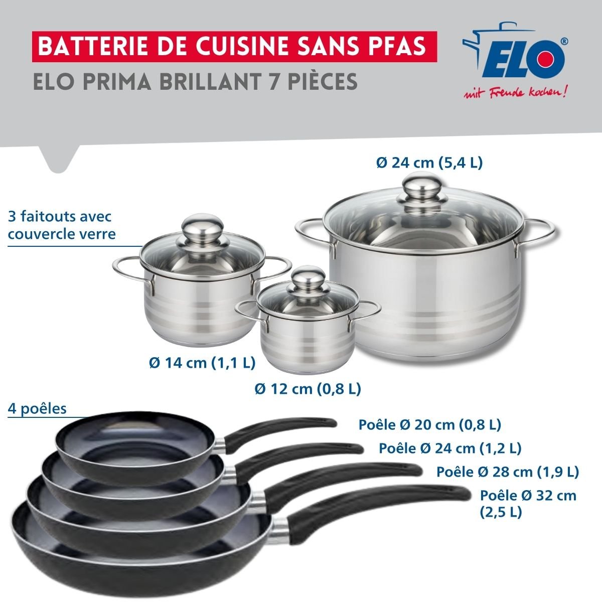 4 poêles 20/24/28/32cm + 3 faitouts 12/14/24cm PRIMA BRILLANT noir, ELO