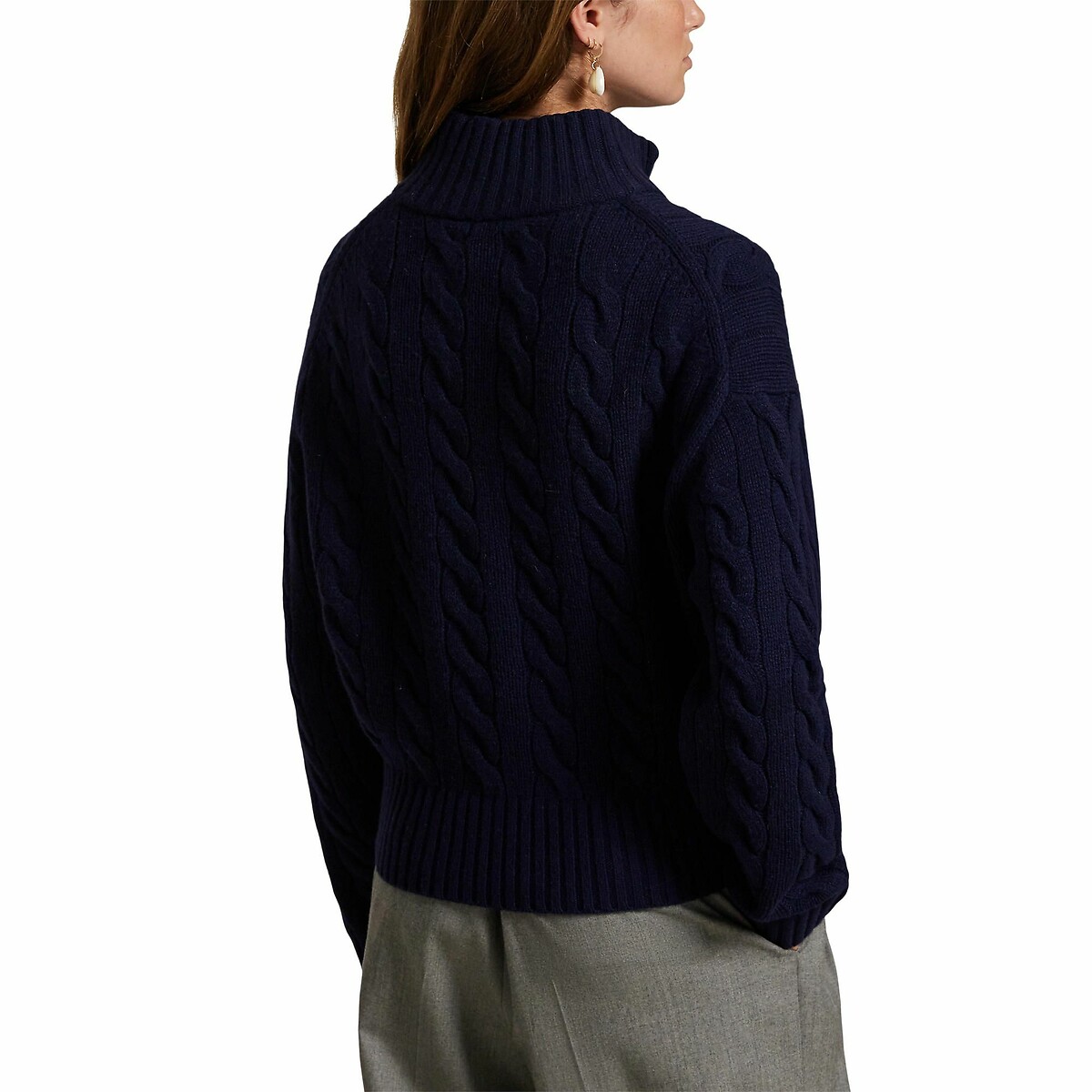Pull col zippé en maille torsadée, 80% laine 20% cachemire marine, POLO RALPH LAUREN
