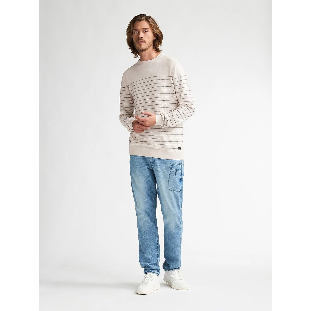 Pull en fine maille col rond ecru/marine, PETROL INDUSTRIES