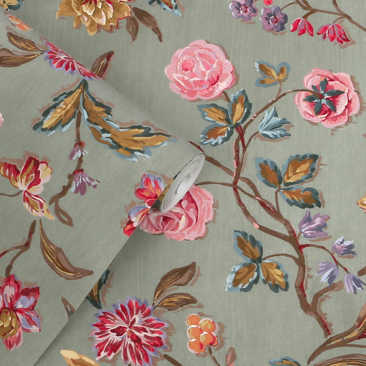 Papier peint Roses, tulipes et fleurs de jardin Lingmell Trail multicolore sur fond vert, LAURA ASHLEY