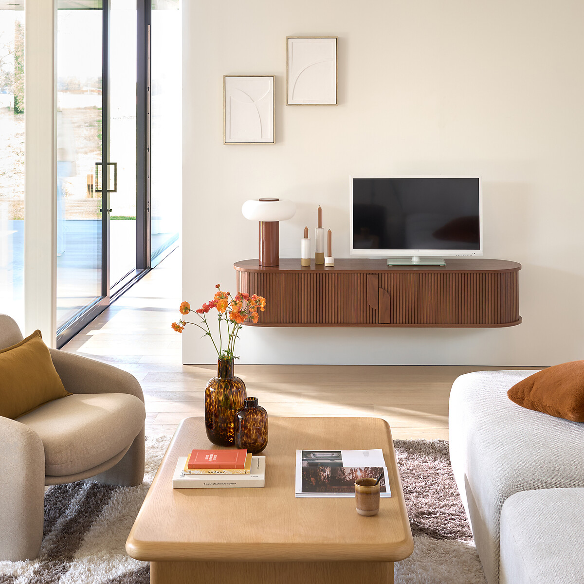 Meuble TV suspendu 2 portes coulissantes, longueur 160 cm, MARCELINO coloris noyer, LA REDOUTE INTERIEURS
