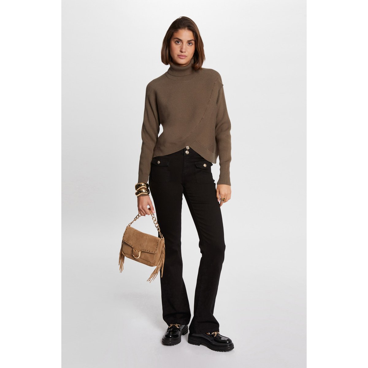 Pull manches longues effet croisé vert kaki, MORGAN
