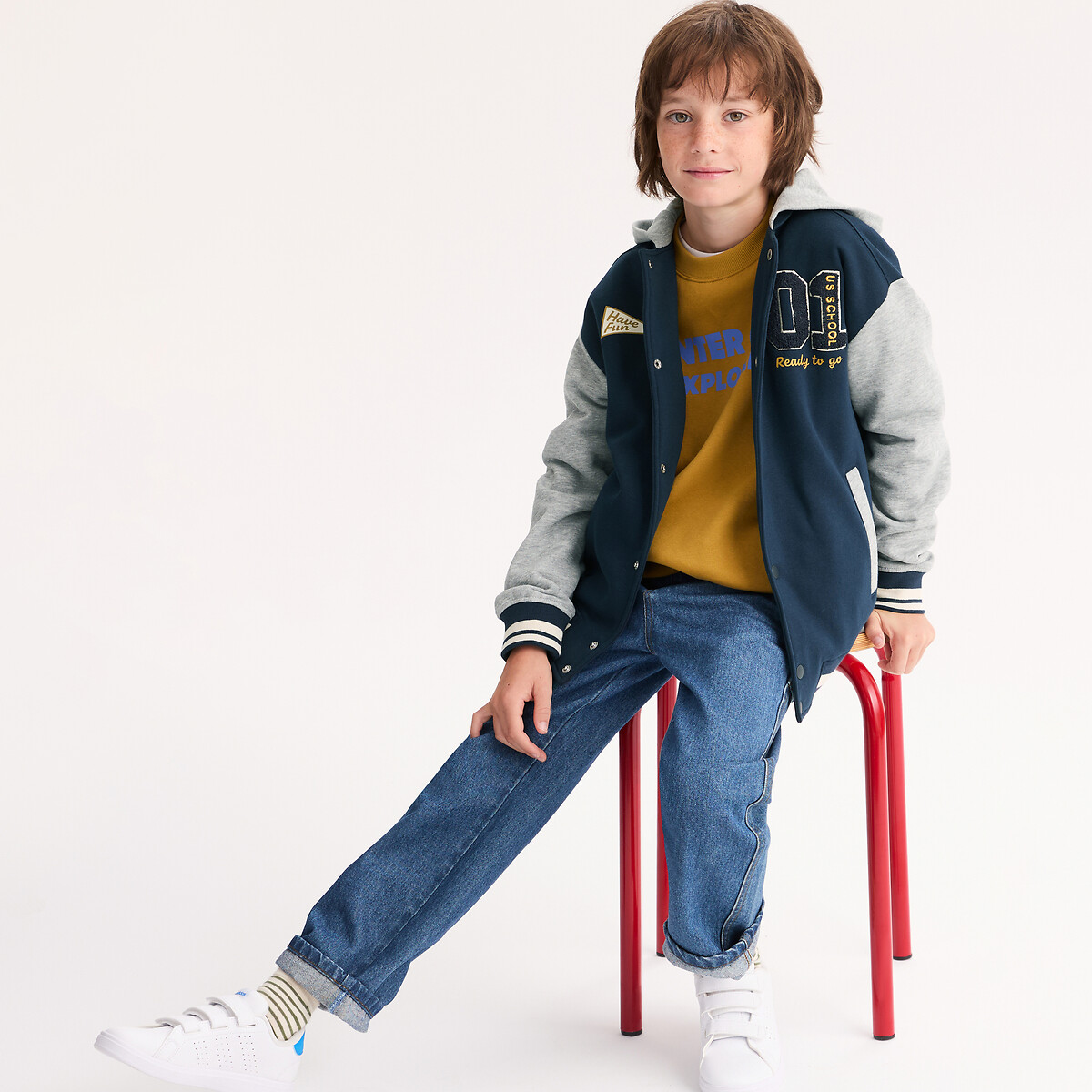 Sudadera con capucha y botones a presión, estilo Teddy, de felpa azul marino/gris jaspeado, LA REDOUTE COLLECTIONS