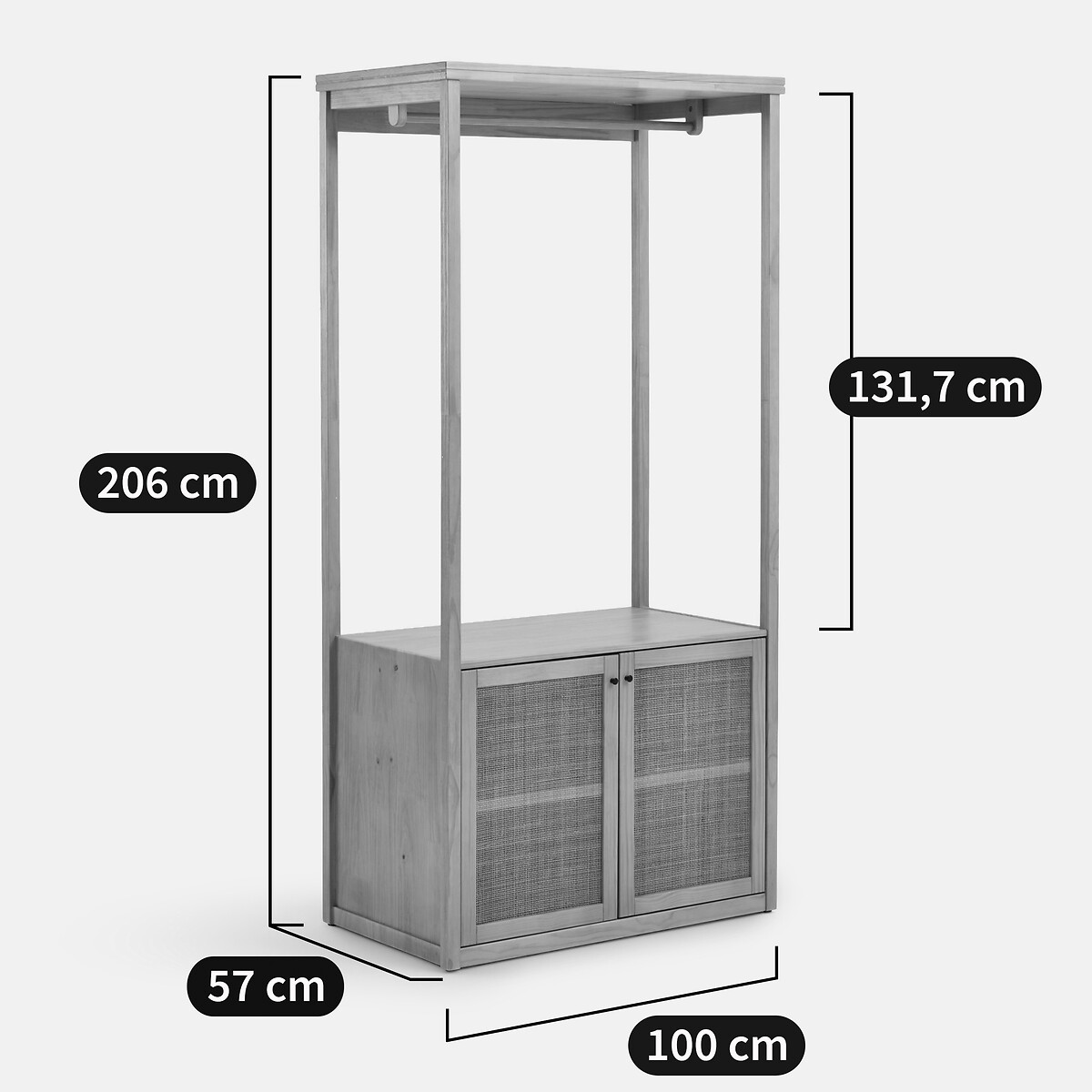 Module de dressing, 1 penderie ouverte, 2 portes, pin massif et cannage, GABIN naturel, LA REDOUTE INTERIEURS
