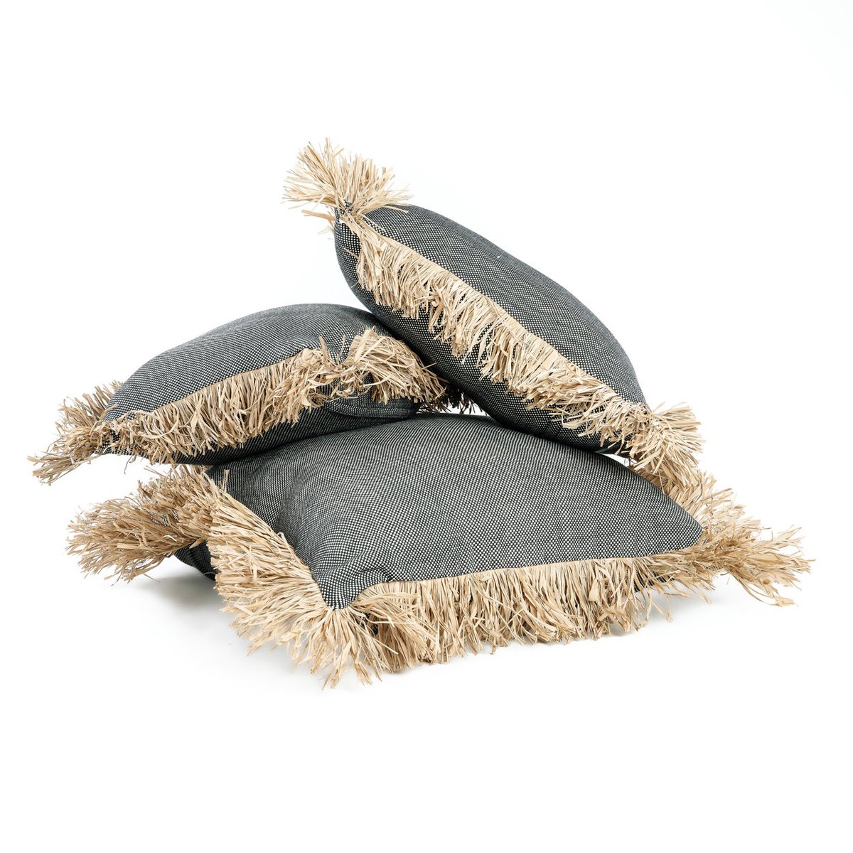 Housse de coussin en coton et raphia BONITA noir beige, BAZAR BIZAR