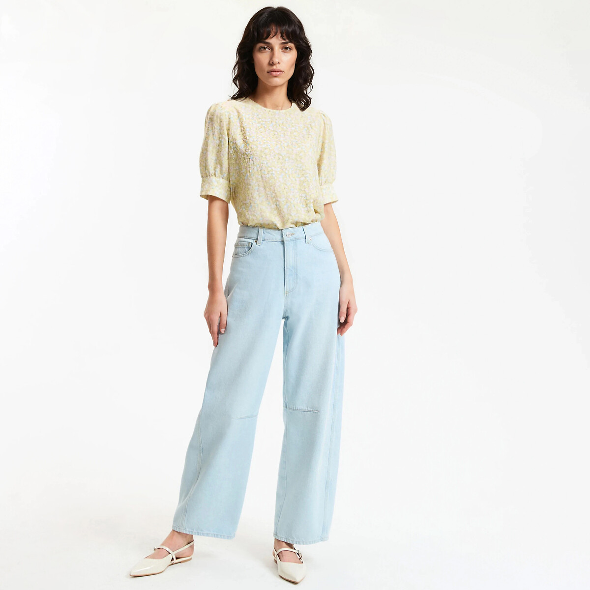 Floral Crew Neck Blouse with 3/4 Length Sleeves yellow floral print, LA REDOUTE COLLECTIONS