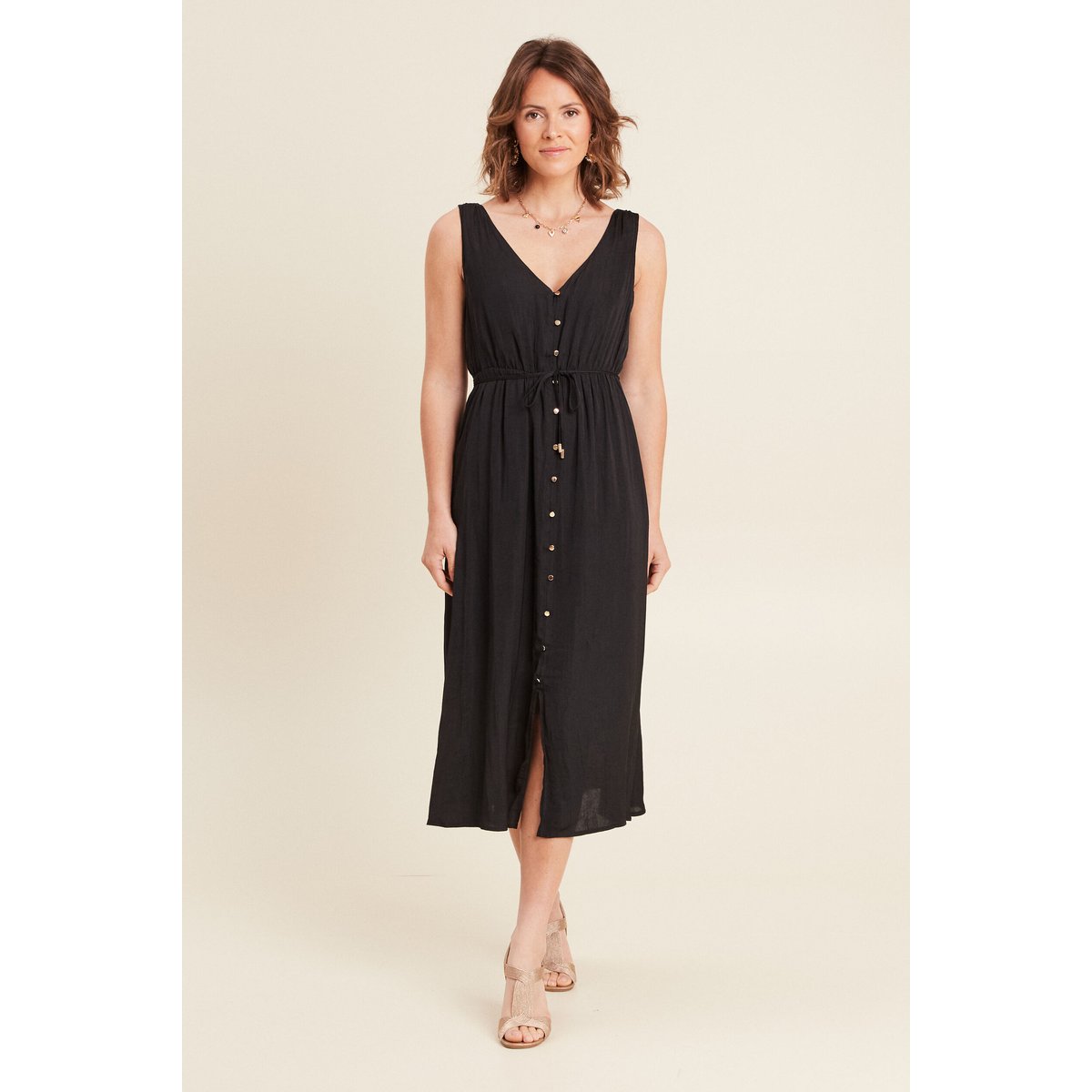 Robe midi évasée satin noir, BREAL