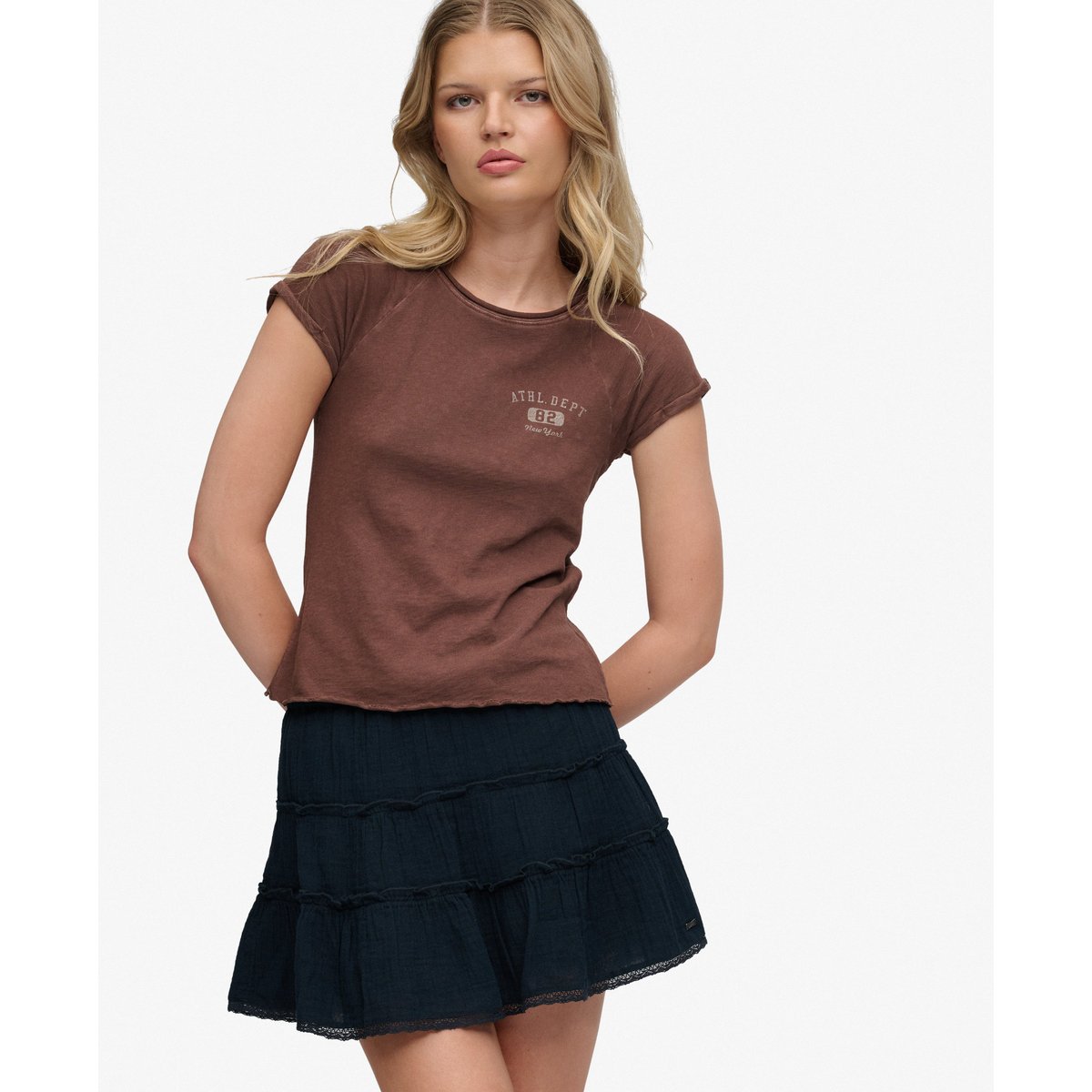 Mini-jupe étagée en gaze bleu marine éclipse, SUPERDRY