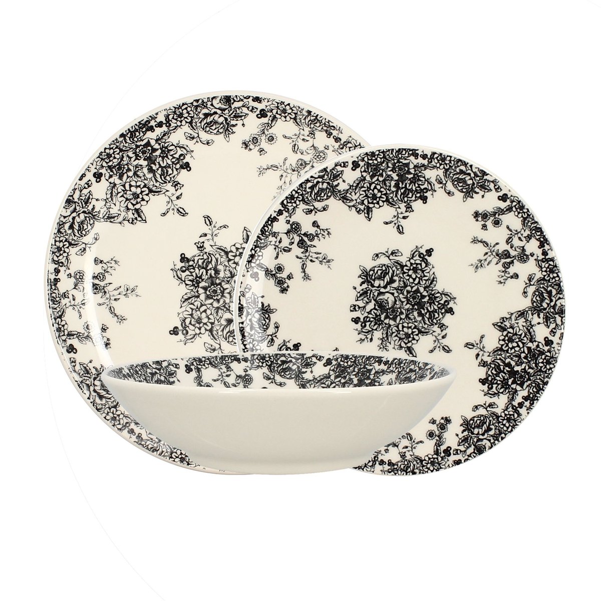 Lot de 6 assiettes à dessert en grès 19,5cm, FLORALI noir, NOVASTYL