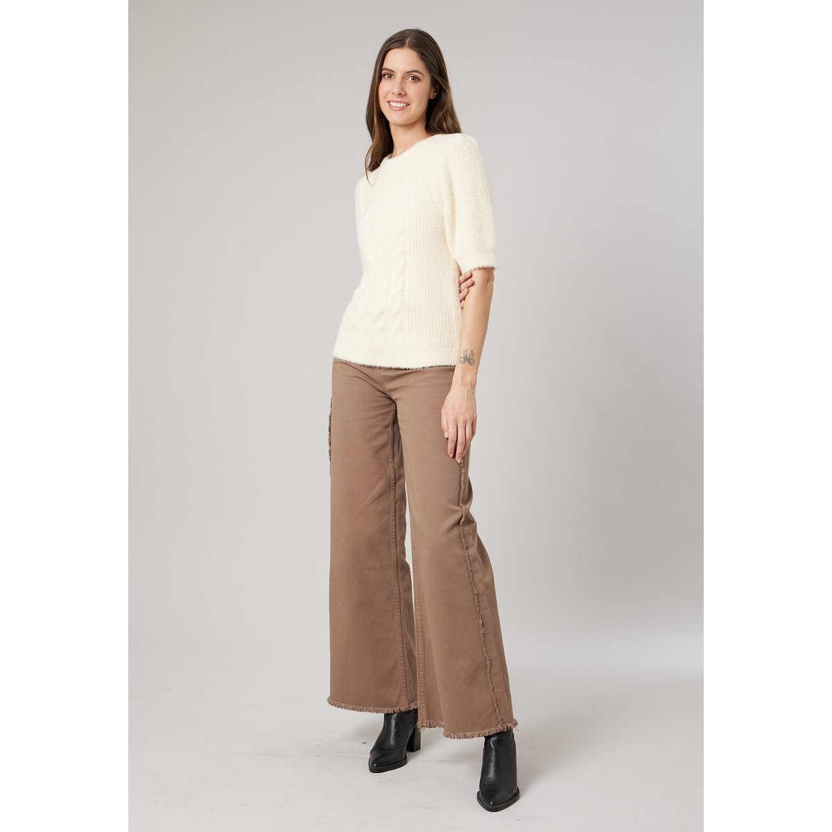 Pull femme en maille torsadée RENATA crème, DEELUXE