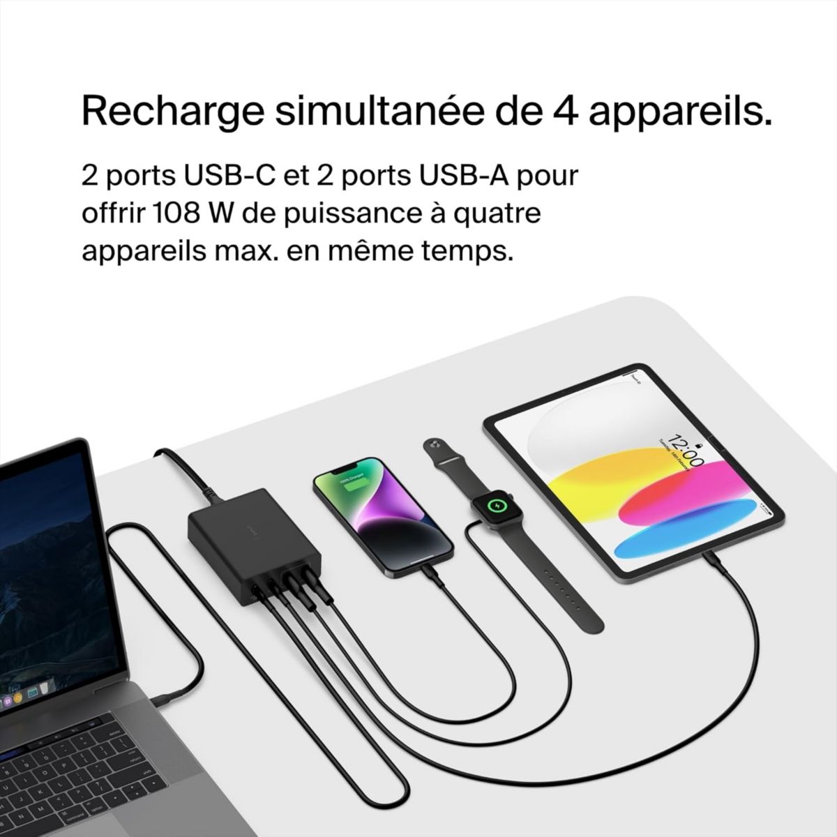 Chargeur ordinateur portable 4 ports 2 USB-C 2 USB-A 108W Noir couleur unique, BELKIN