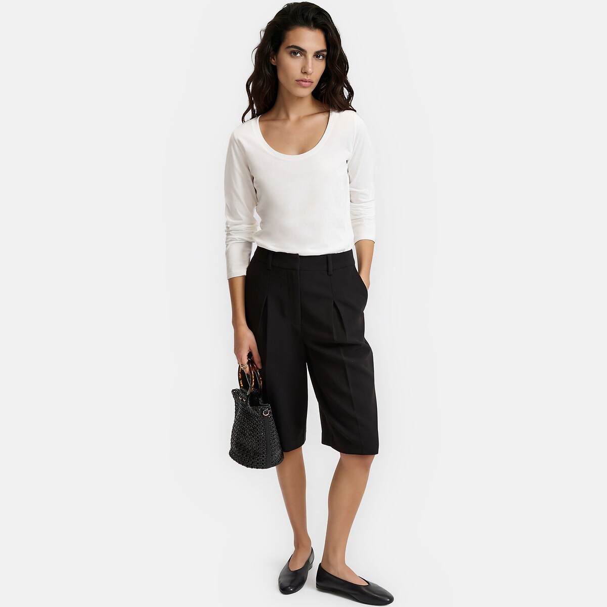 T-shirt col rond, manches longues blanc, LA REDOUTE COLLECTIONS