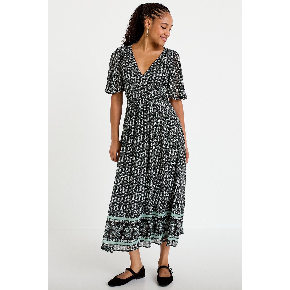 Robe longue évasée col v voile noir, CACHE CACHE
