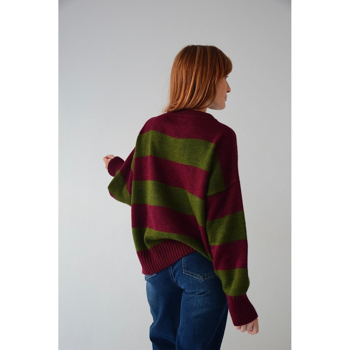 Pull rayé col rond ALEX kaki / bordeaux, MINDTRAVELER