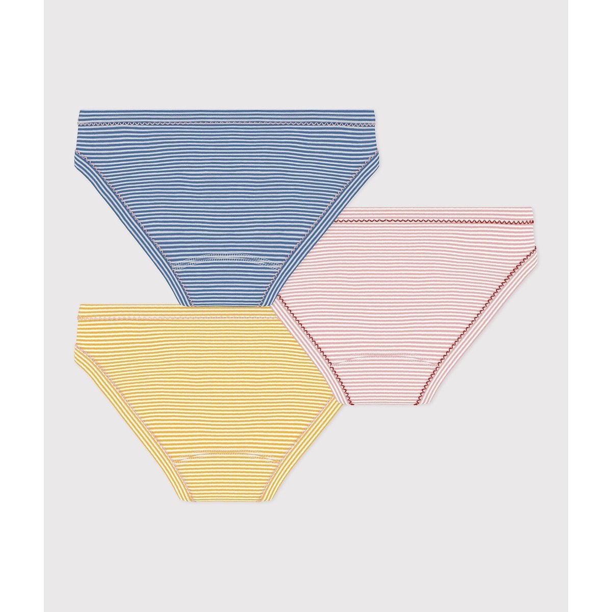 Set van 3 gestreepte slipjes, van katoen blauw + roze + geel, PETIT BATEAU