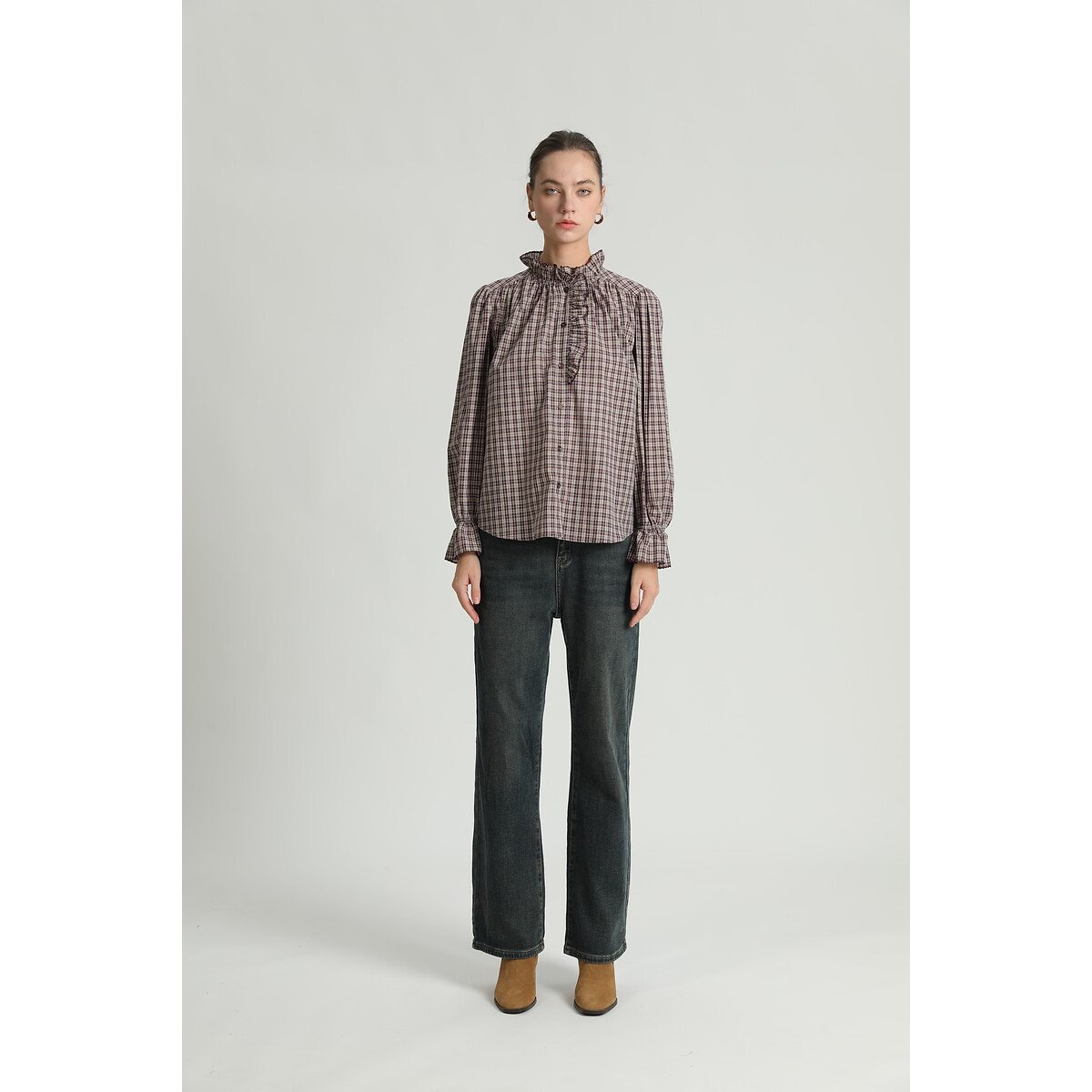 Blouse volant à carreaux, col montant bordeaux, SEE U SOON