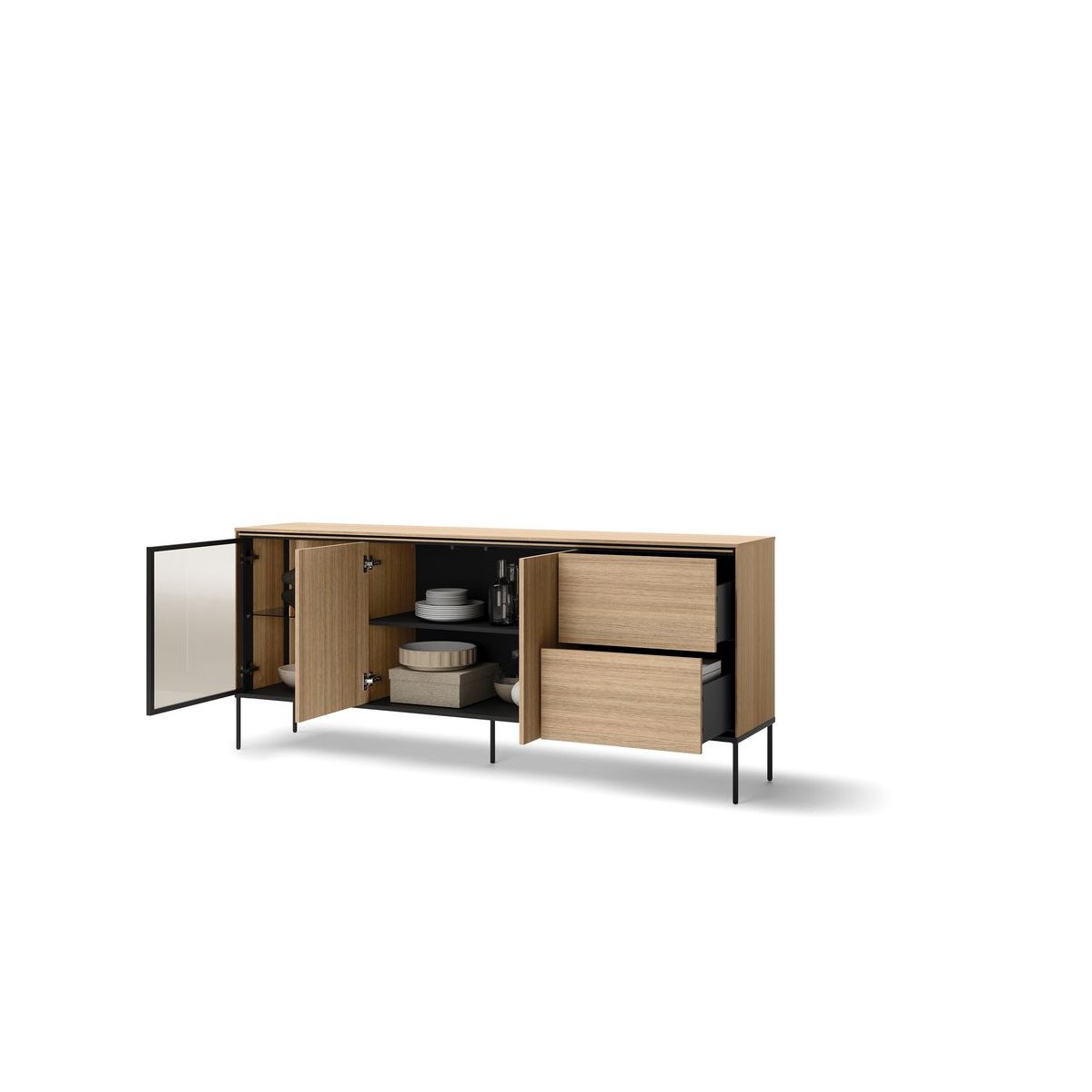 Buffet bas en panneaux de particules 3 portes 2 tiroirs 201 cm, VERONA marron clair, BOBOCHIC