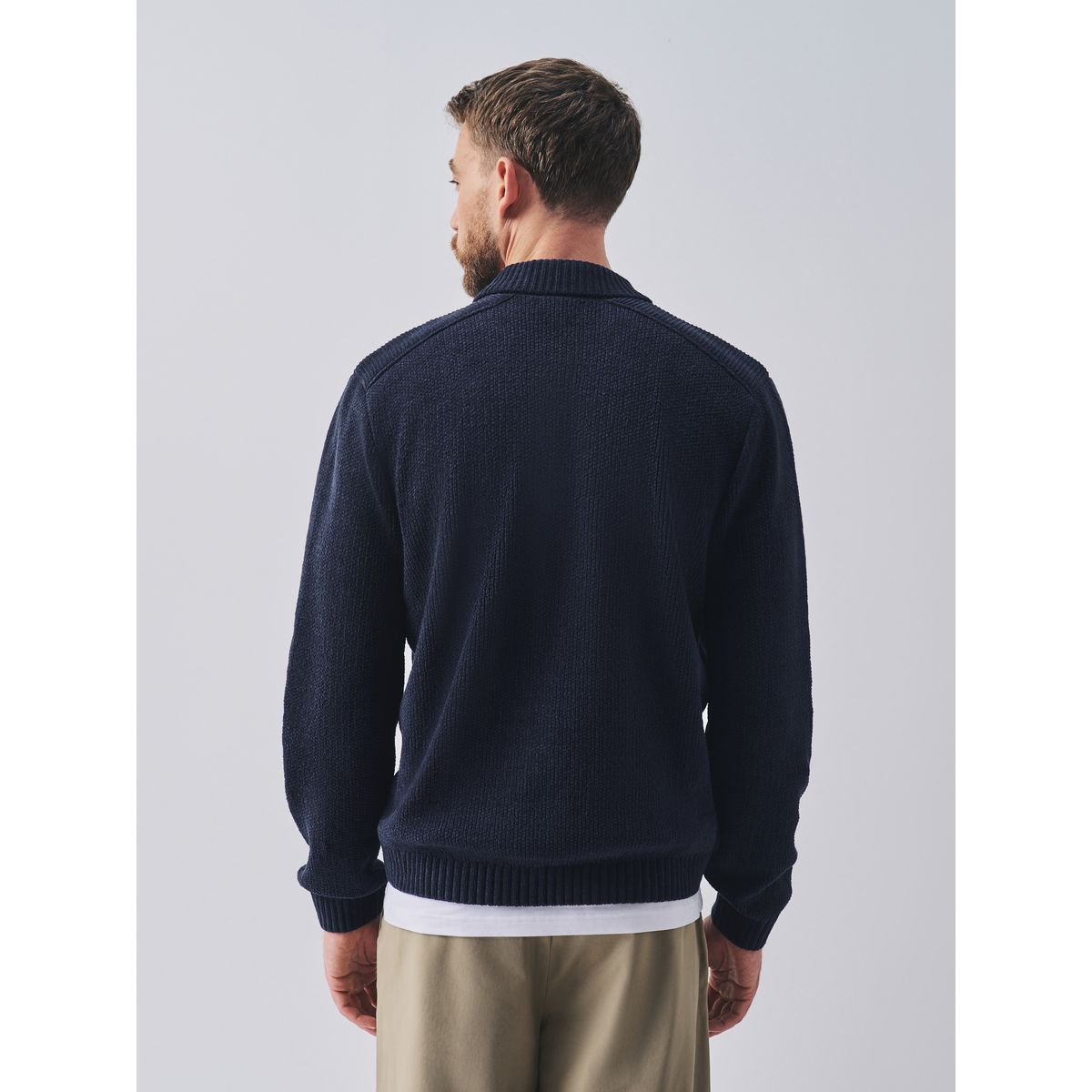 Polo côtelé en maille chenille bleu marine, NEXT