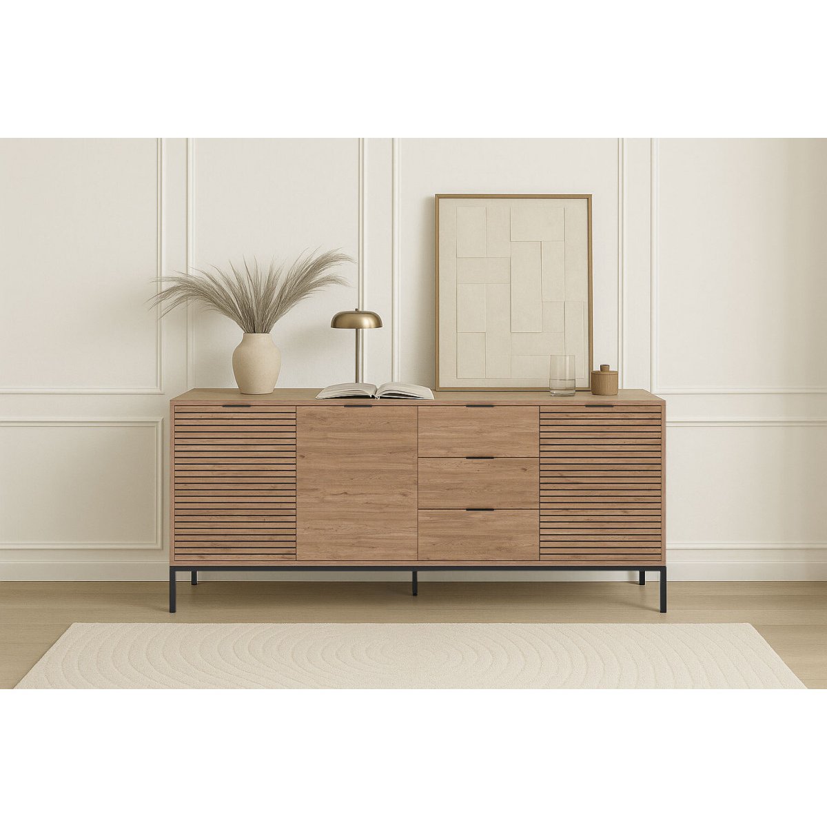 Buffet bas en panneaux de particules 3 portes 3 tiroirs 180 cm, AGATHE marron clair, BOBOCHIC