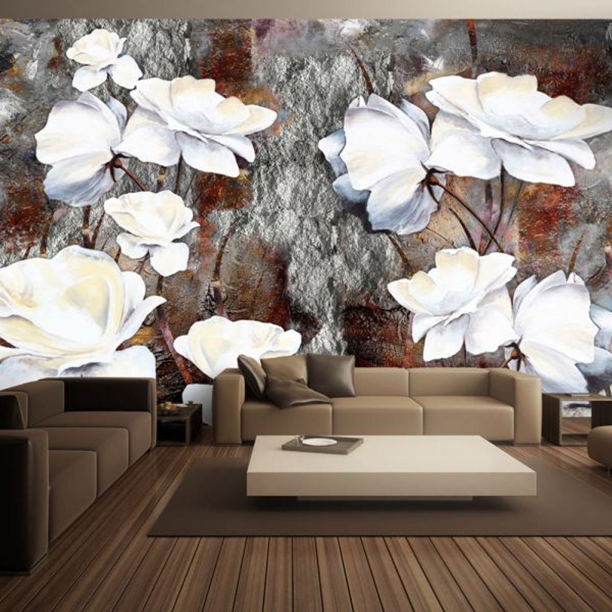Papier peint intissé panoramique Fleurs Gestes timides blanc, EDEN