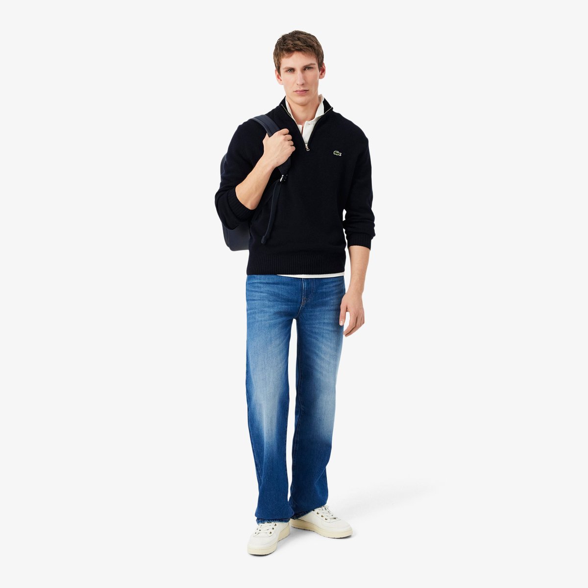 Pull zippé uni col montant laine bleu-166, LACOSTE