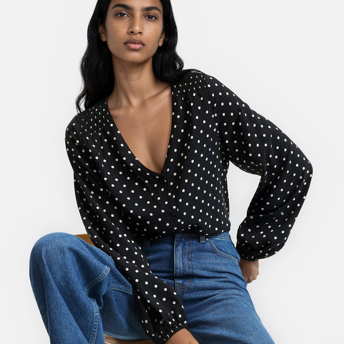 Polka Dot Blouse with V-Neck and Long Sleeves polka dot print, LA REDOUTE COLLECTIONS