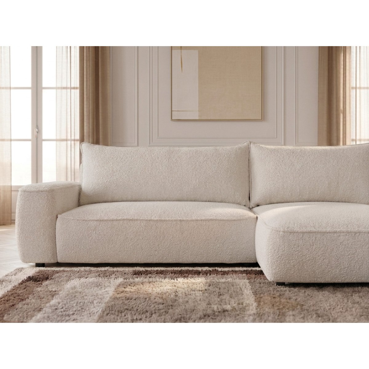 Canapé d'angle convertible 3 places en tissu chenille, HONORE blanc, BOBOCHIC