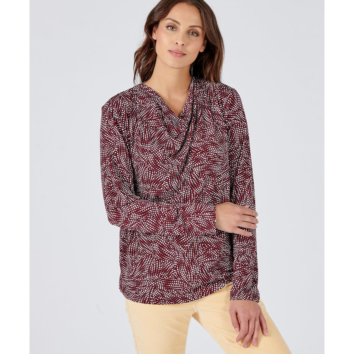 T-shirt col bénitier en crêpe recyclé rouge imprimé bordeaux, DAMART