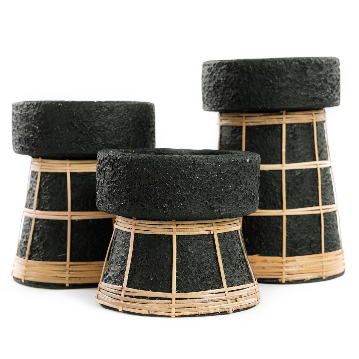 Bougeoir en terre cuite et rotin SERENE noir beige, BAZAR BIZAR