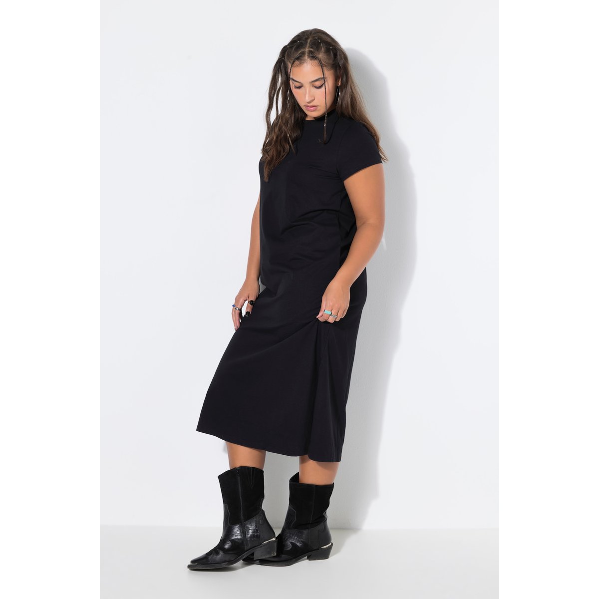 Robe midi, ligne A, jersey, col rond noir, STUDIO UNTOLD