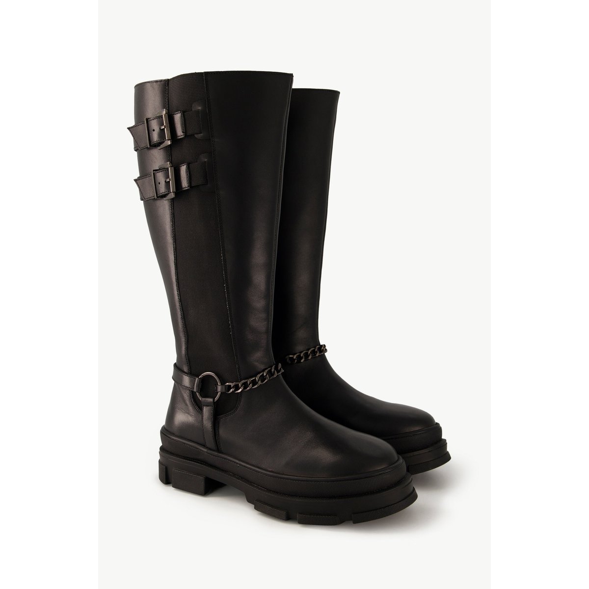 Bottes en cuir avec chaîne , pied large noir, ULLA POPKEN