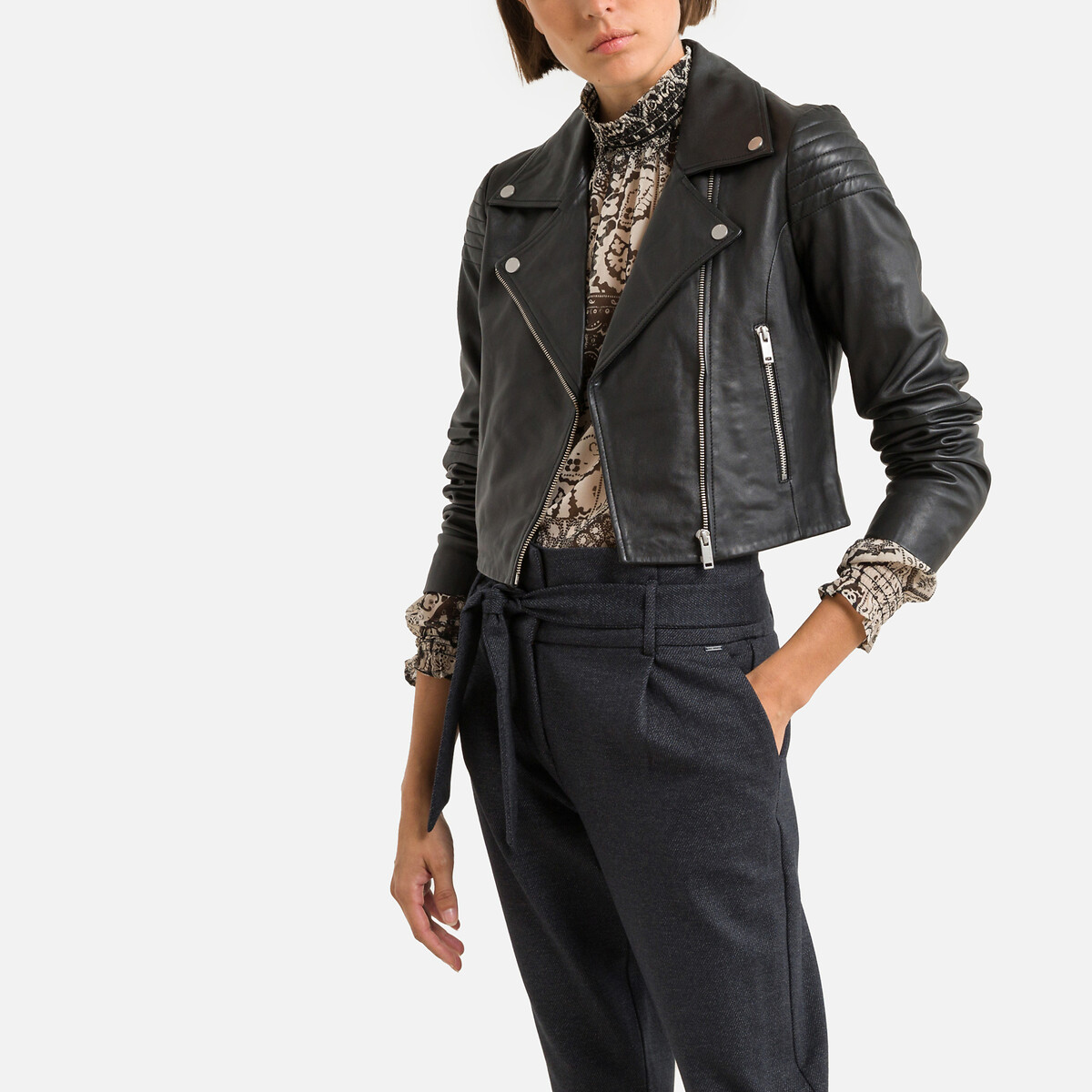 Blouson court en cuir d'agneau noir, IKKS