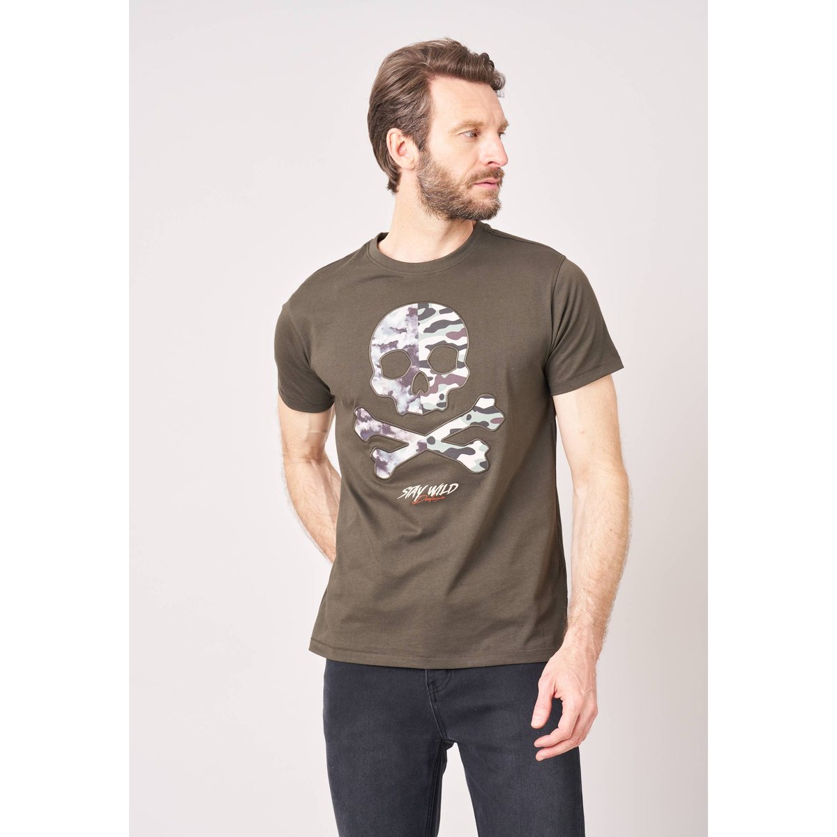 T-shirt regular homme en 100% coton jersey imprimé crâne camouflage MURKY military, DEELUXE