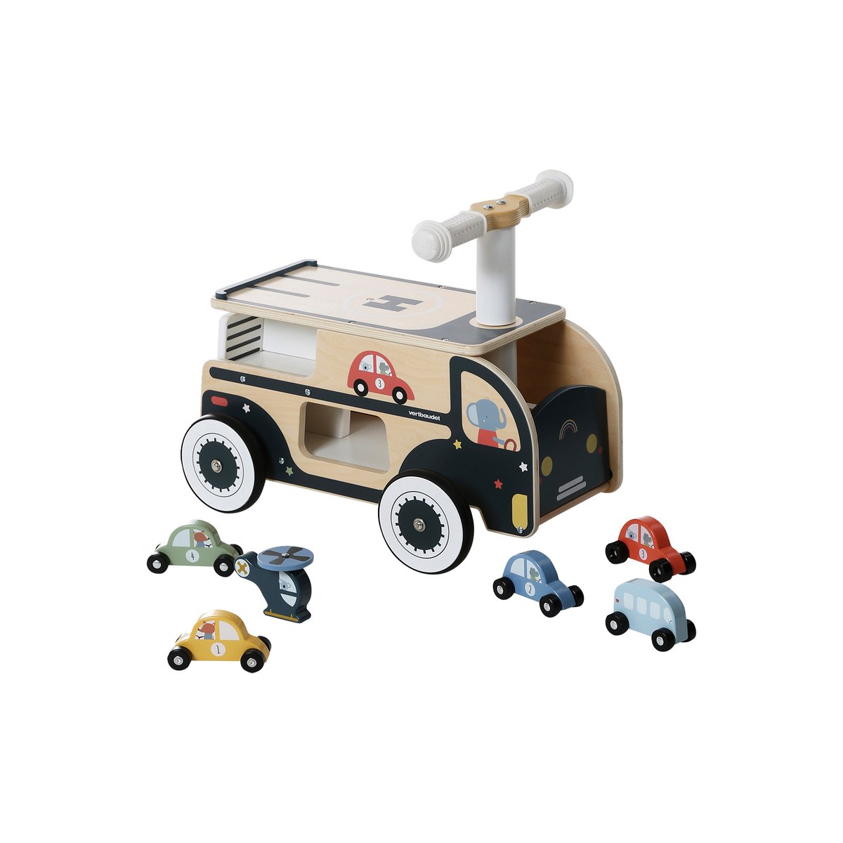 Porteur garage voitures en bois FSC® bleu, VERTBAUDET
