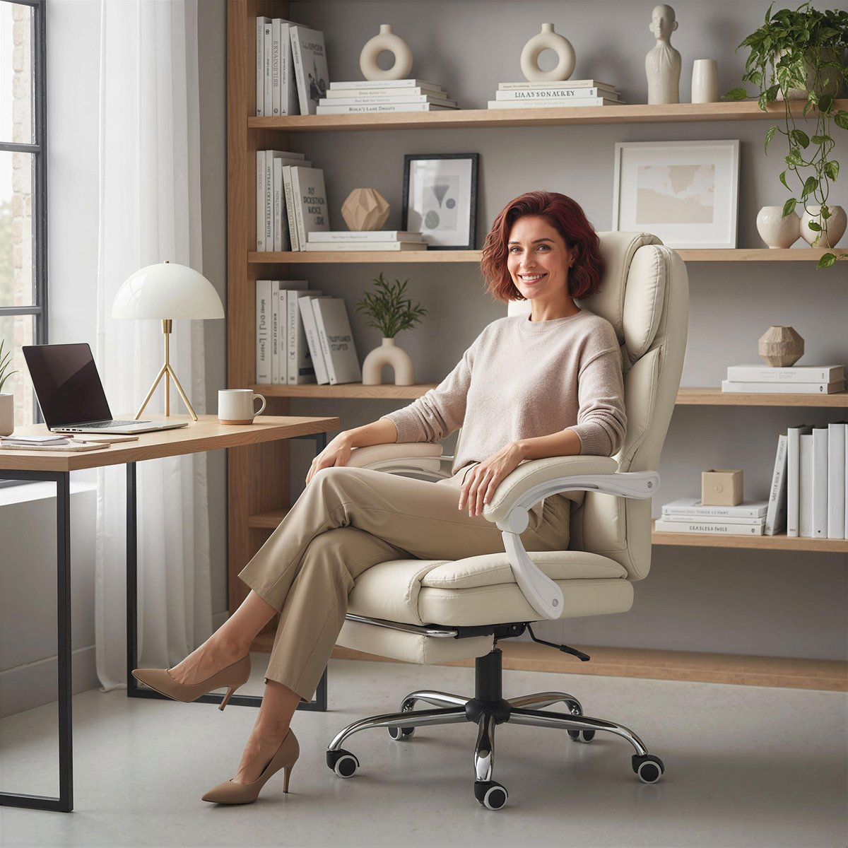 Chaise de bureau Cuir synthétique Beige beige, HOMCOM