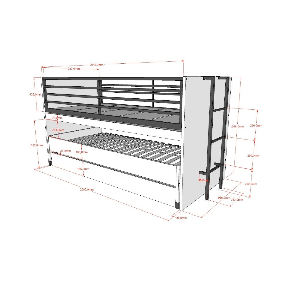 Lit mi-haut 90x200 sam avec gigogne marron, VIPACK