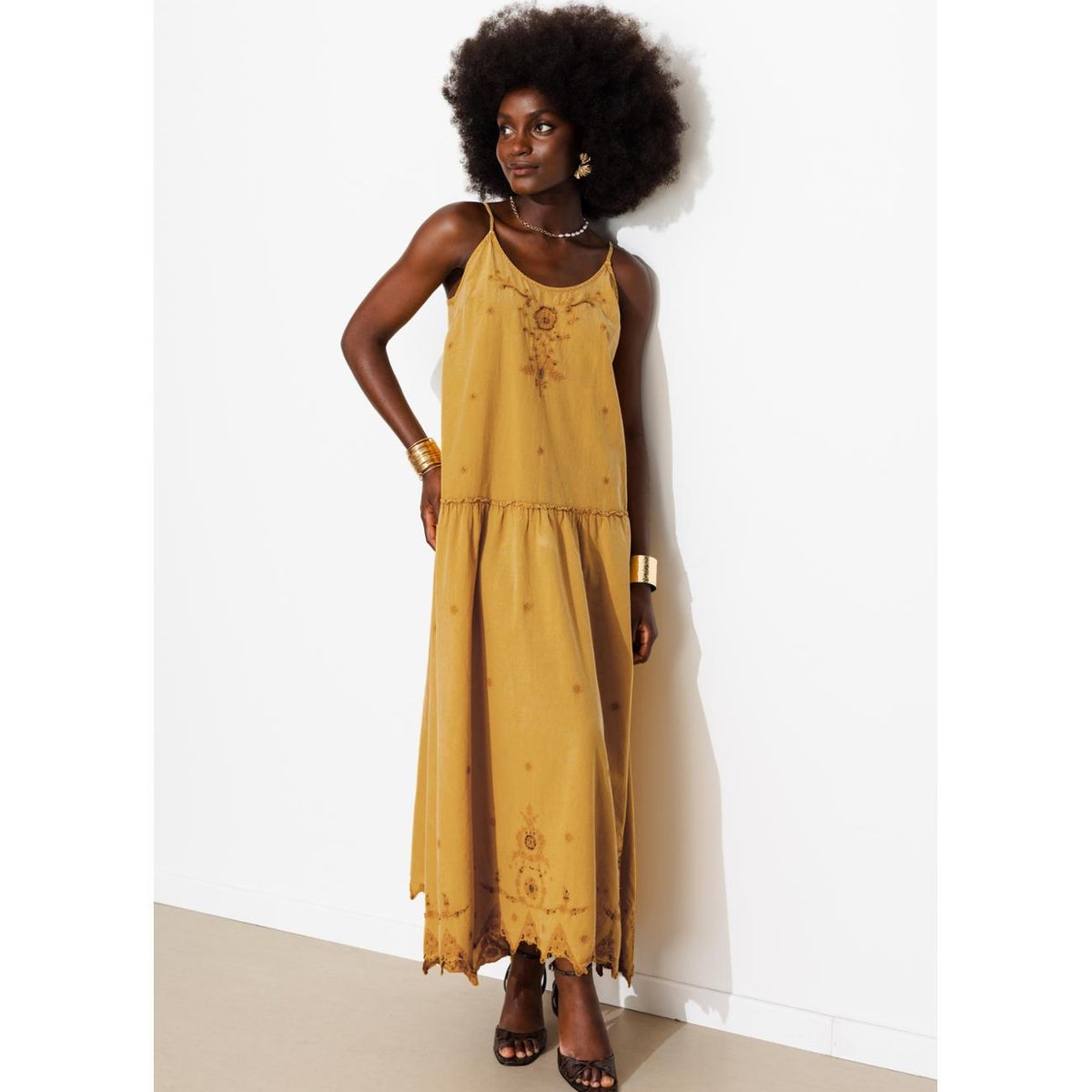 Robe à bretelles perlée ocre, PROMOD