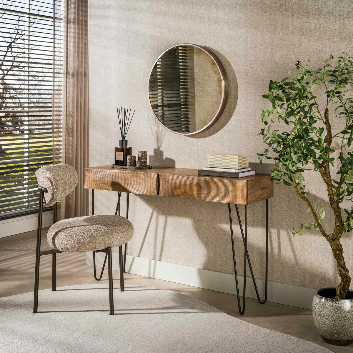 Console d'entrée bois rainuré 2 tiroirs DELHI beige, PIER IMPORT