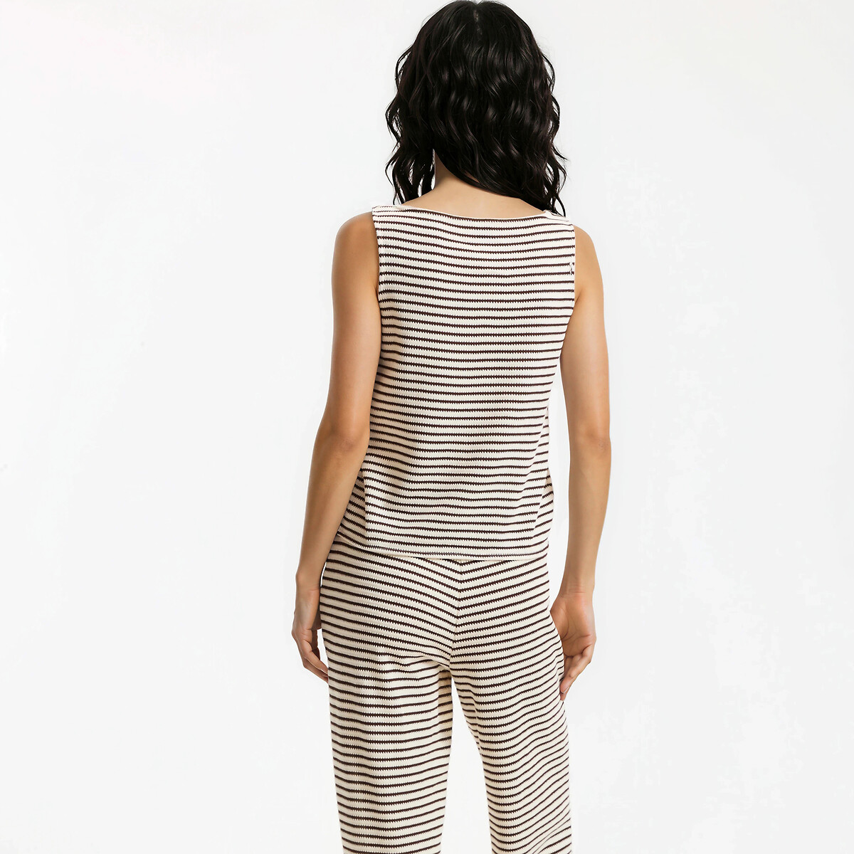Débardeur col rond en crochet rayé rayé marron/écru, LA REDOUTE COLLECTIONS
